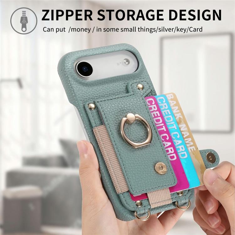 For iPhone Air Litchi Texture Card Bag Ring Holder Vegan Leather + PC Phone Case with Shoulder Strap