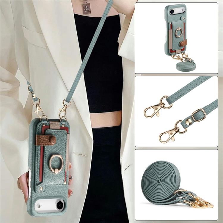 For iPhone Air Litchi Texture Card Bag Ring Holder Vegan Leather + PC Phone Case with Shoulder Strap