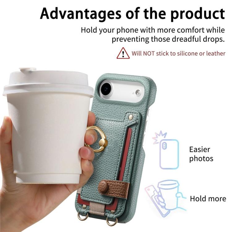 For iPhone Air Litchi Texture Card Bag Ring Holder Vegan Leather + PC Phone Case with Shoulder Strap