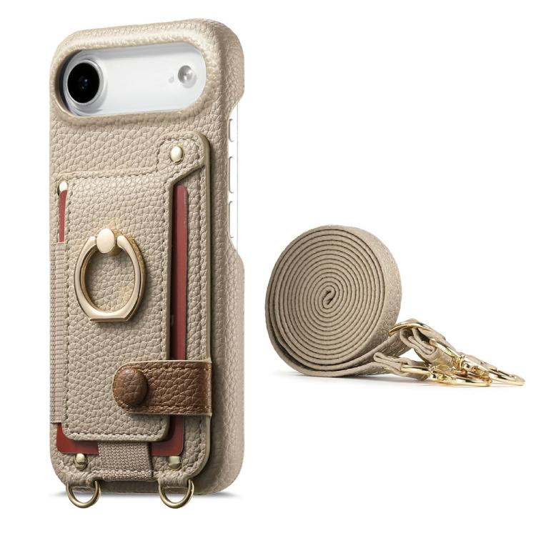 For iPhone Air Litchi Texture Card Bag Ring Holder Vegan Leather + PC Phone Case with Shoulder Strap