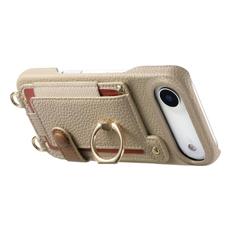 For iPhone Air Litchi Texture Card Bag Ring Holder Vegan Leather + PC Phone Case with Shoulder Strap