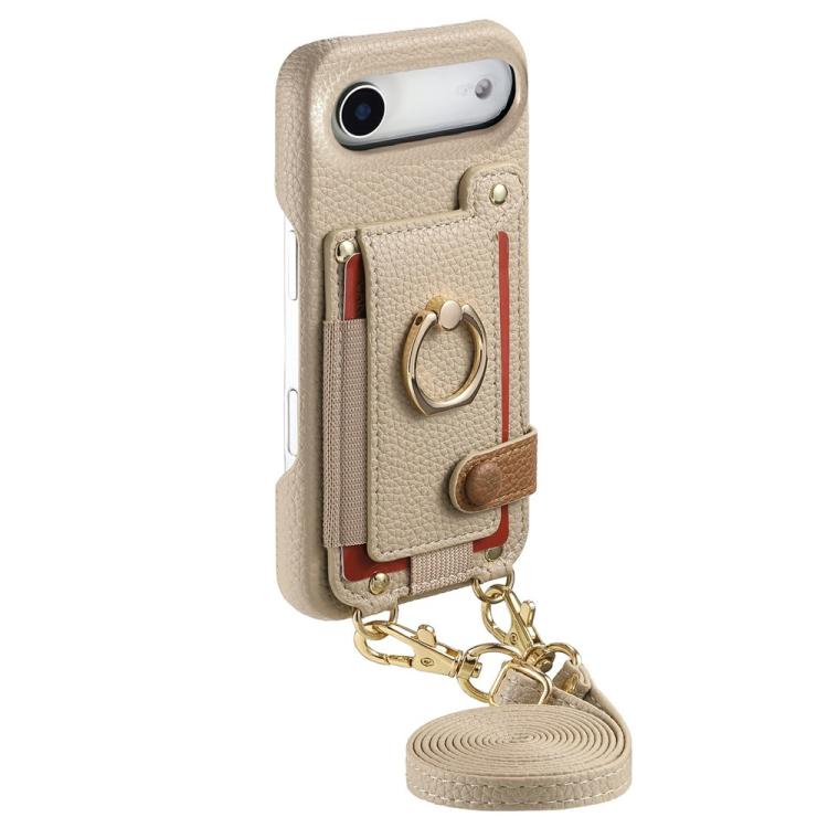 For iPhone Air Litchi Texture Card Bag Ring Holder Vegan Leather + PC Phone Case with Shoulder Strap