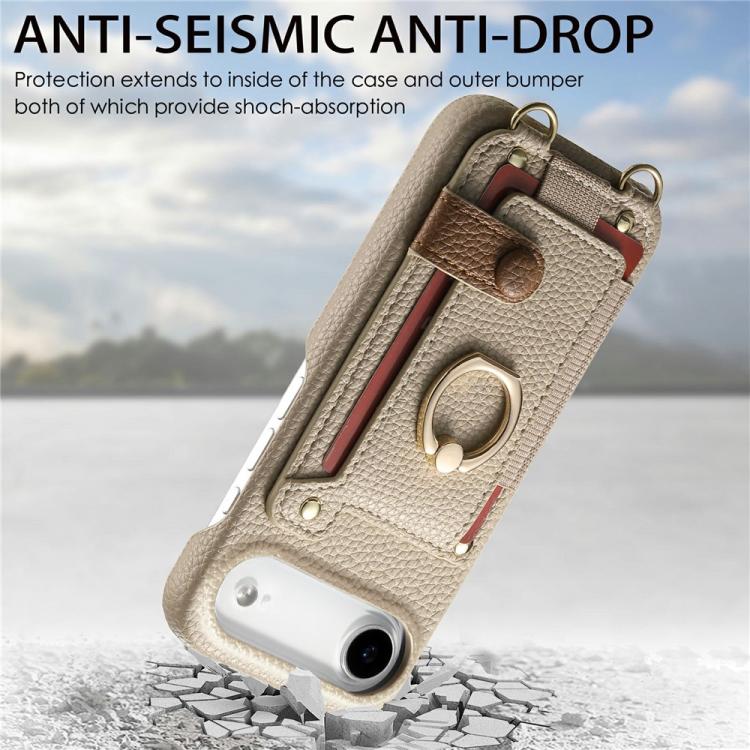 For iPhone Air Litchi Texture Card Bag Ring Holder Vegan Leather + PC Phone Case with Shoulder Strap