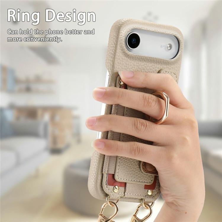 For iPhone Air Litchi Texture Card Bag Ring Holder Vegan Leather + PC Phone Case with Shoulder Strap