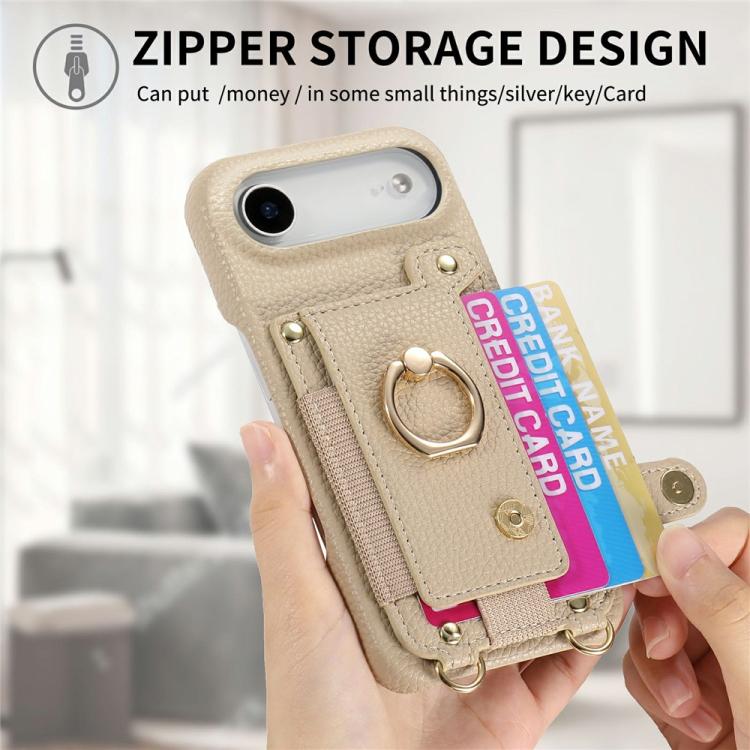 For iPhone Air Litchi Texture Card Bag Ring Holder Vegan Leather + PC Phone Case with Shoulder Strap