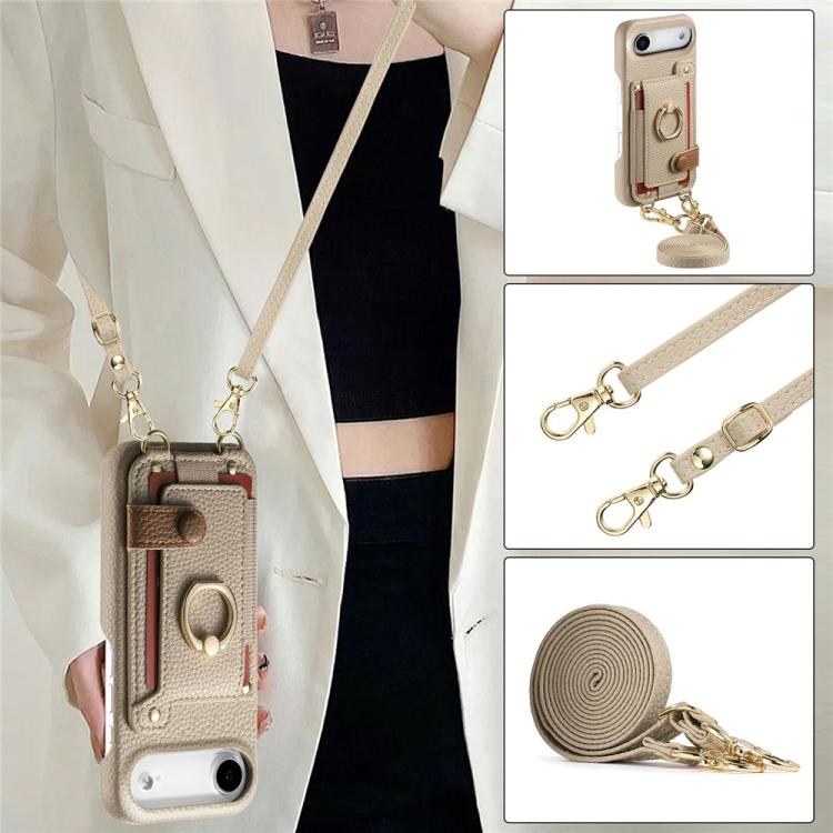 For iPhone Air Litchi Texture Card Bag Ring Holder Vegan Leather + PC Phone Case with Shoulder Strap