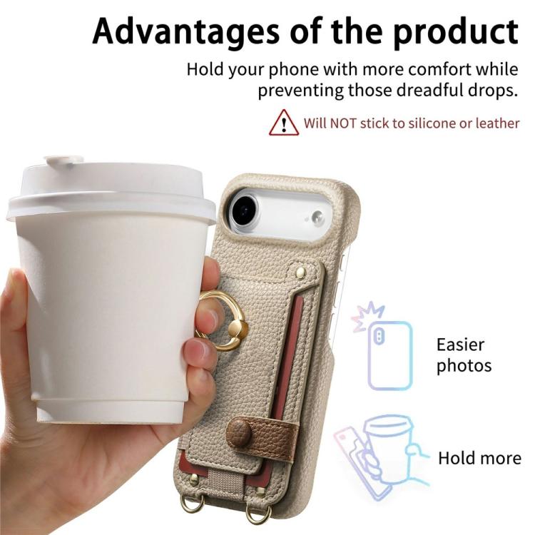 For iPhone Air Litchi Texture Card Bag Ring Holder Vegan Leather + PC Phone Case with Shoulder Strap