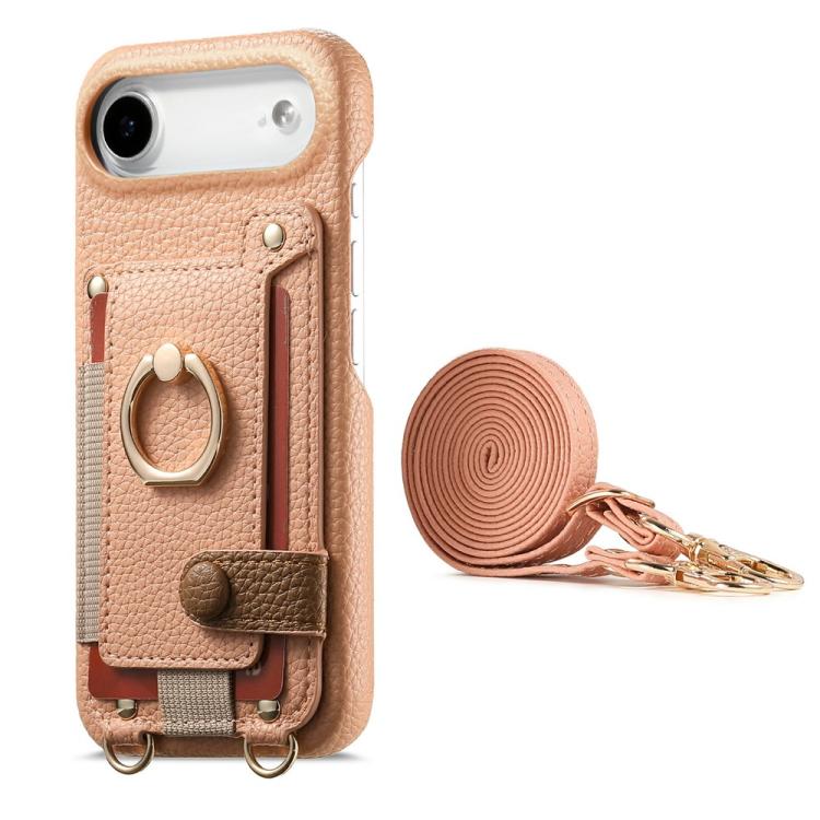 For iPhone Air Litchi Texture Card Bag Ring Holder Vegan Leather + PC Phone Case with Shoulder Strap