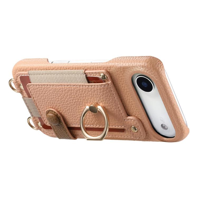 For iPhone Air Litchi Texture Card Bag Ring Holder Vegan Leather + PC Phone Case with Shoulder Strap
