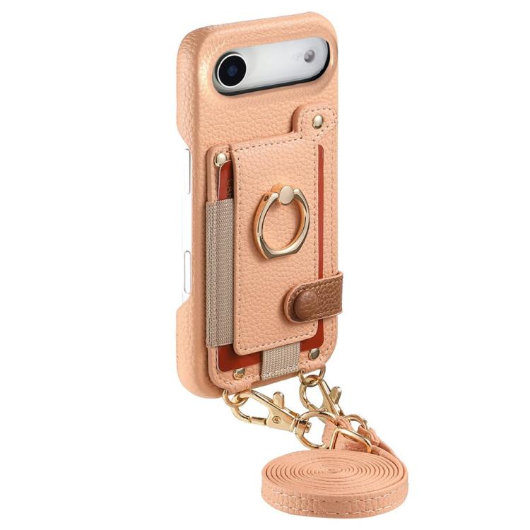 For iPhone Air Litchi Texture Card Bag Ring Holder Vegan Leather + PC Phone Case with Shoulder Strap