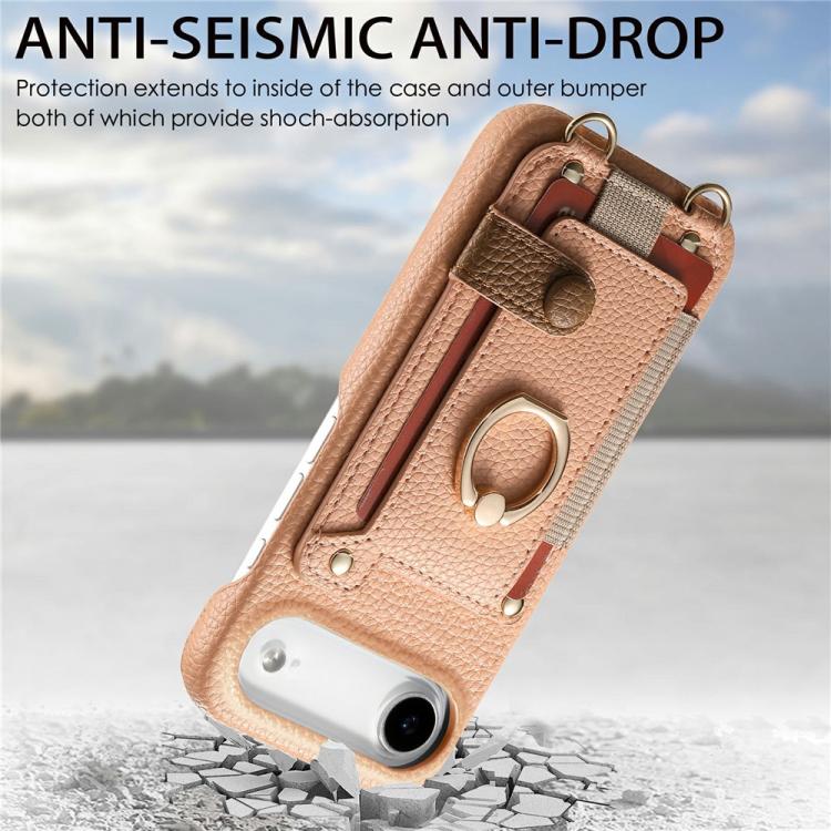For iPhone Air Litchi Texture Card Bag Ring Holder Vegan Leather + PC Phone Case with Shoulder Strap