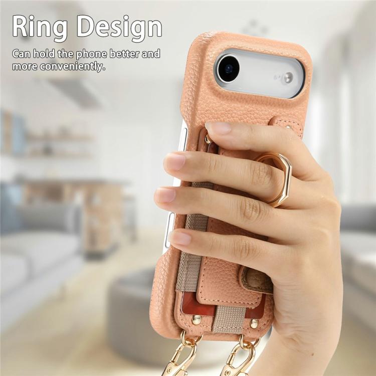 For iPhone Air Litchi Texture Card Bag Ring Holder Vegan Leather + PC Phone Case with Shoulder Strap