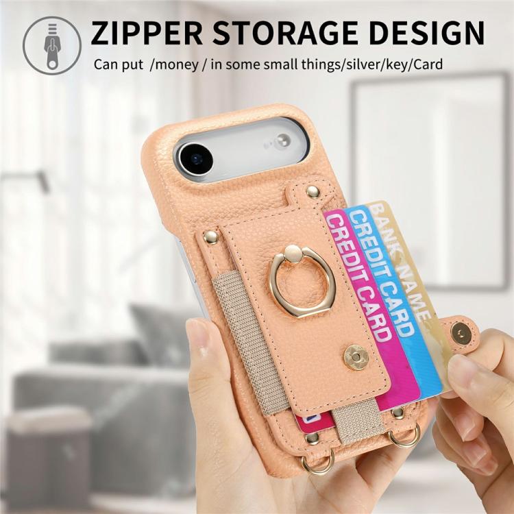 For iPhone Air Litchi Texture Card Bag Ring Holder Vegan Leather + PC Phone Case with Shoulder Strap