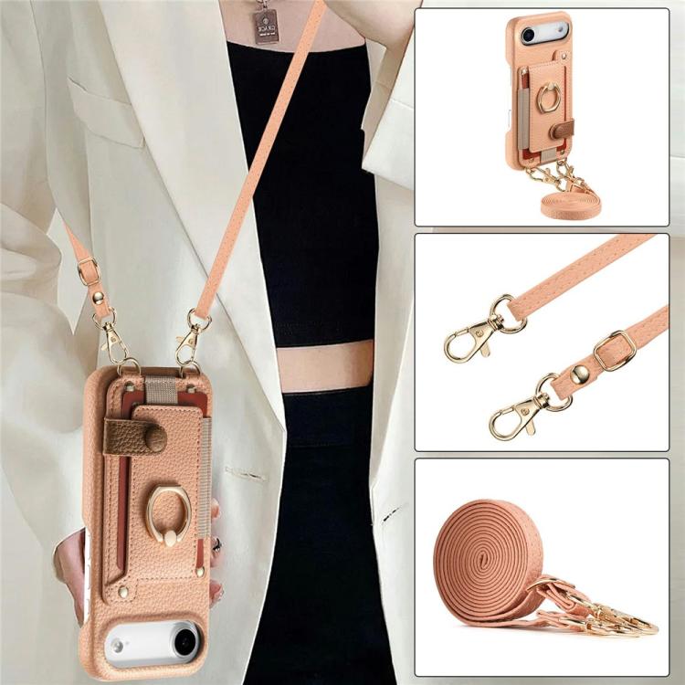 For iPhone Air Litchi Texture Card Bag Ring Holder Vegan Leather + PC Phone Case with Shoulder Strap