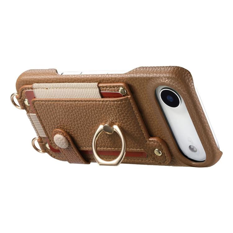 For iPhone Air Litchi Texture Card Bag Ring Holder Vegan Leather + PC Phone Case with Shoulder Strap