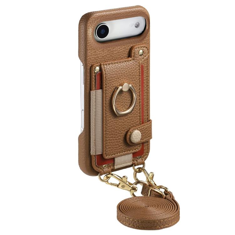 For iPhone Air Litchi Texture Card Bag Ring Holder Vegan Leather + PC Phone Case with Shoulder Strap
