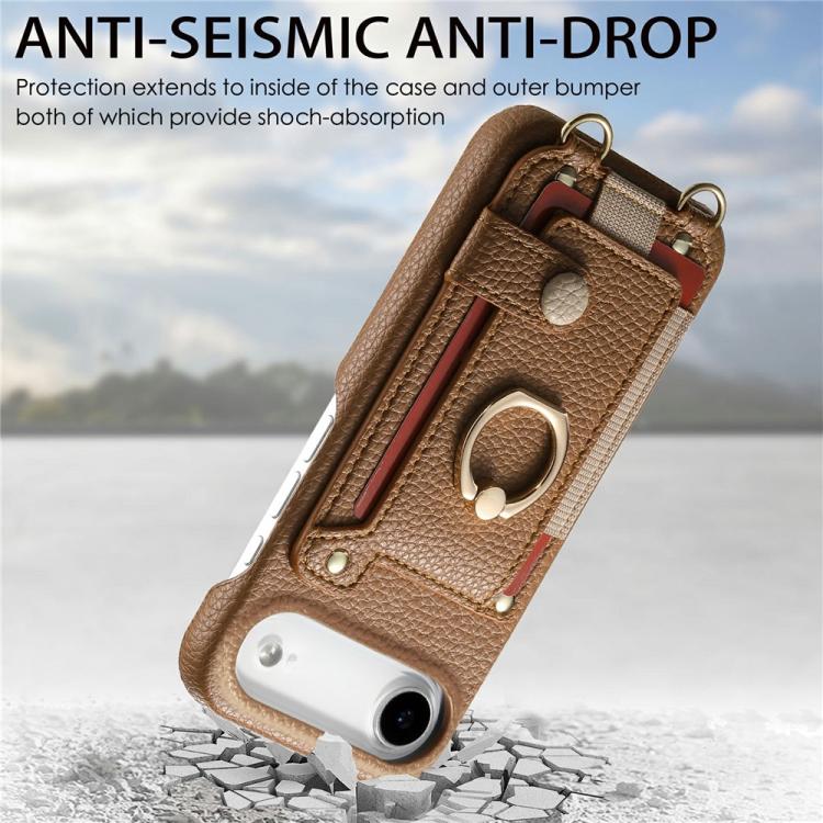 For iPhone Air Litchi Texture Card Bag Ring Holder Vegan Leather + PC Phone Case with Shoulder Strap
