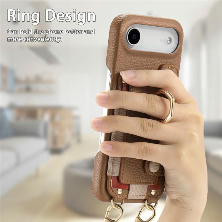 For iPhone Air Litchi Texture Card Bag Ring Holder Vegan Leather + PC Phone Case with Shoulder Strap