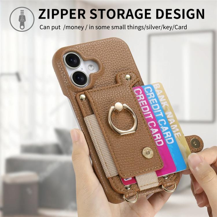For iPhone Air Litchi Texture Card Bag Ring Holder Vegan Leather + PC Phone Case with Shoulder Strap