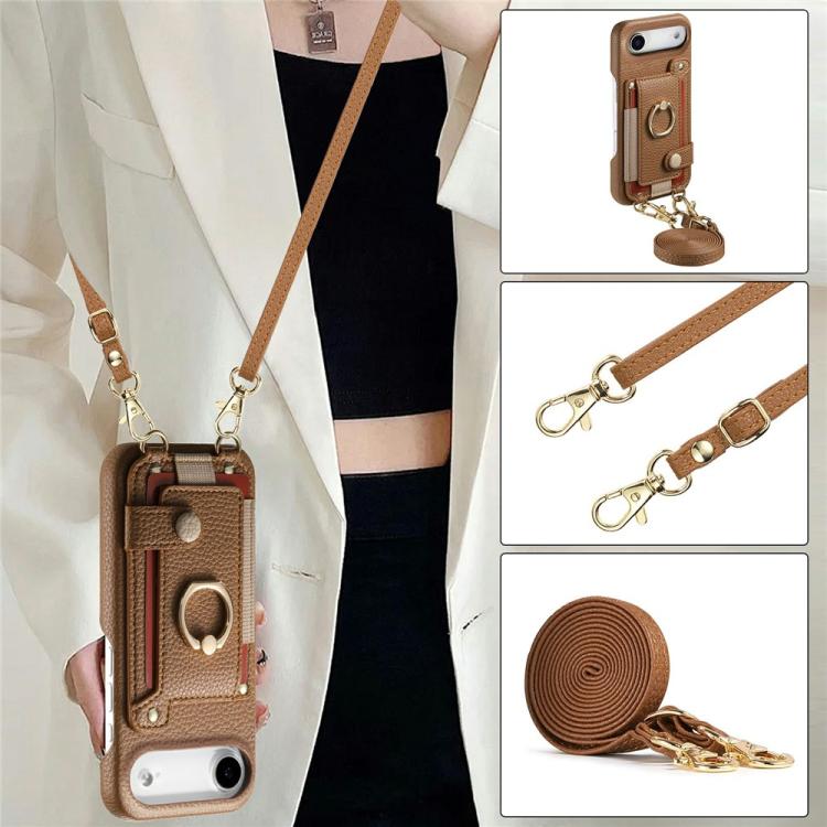 For iPhone Air Litchi Texture Card Bag Ring Holder Vegan Leather + PC Phone Case with Shoulder Strap