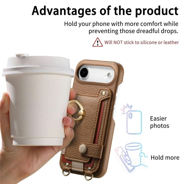 For iPhone Air Litchi Texture Card Bag Ring Holder Vegan Leather + PC Phone Case with Shoulder Strap