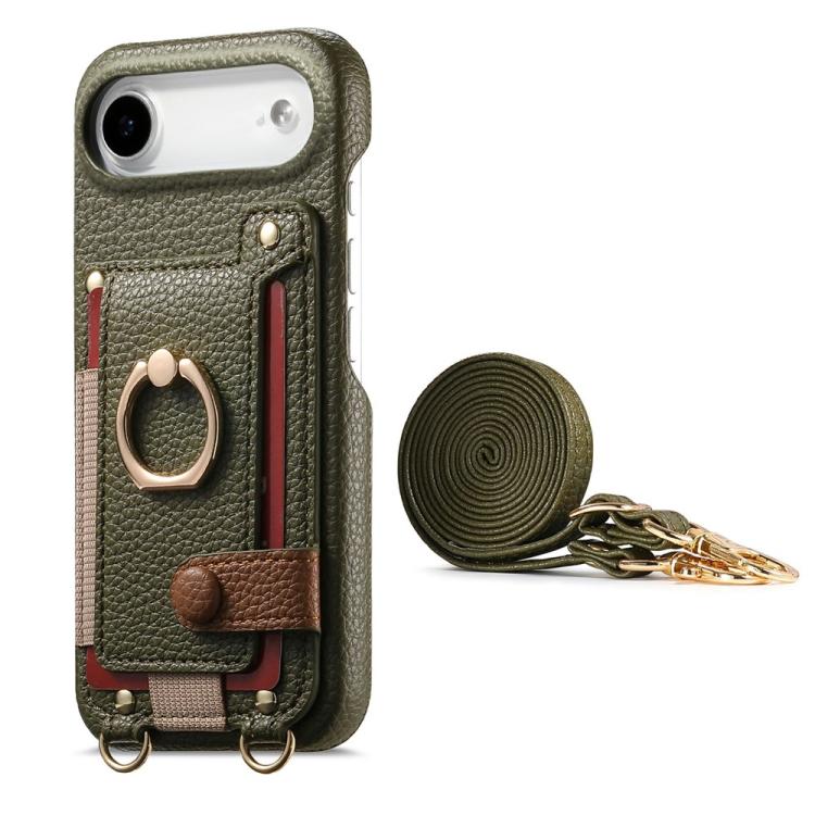 For iPhone Air Litchi Texture Card Bag Ring Holder Vegan Leather + PC Phone Case with Shoulder Strap