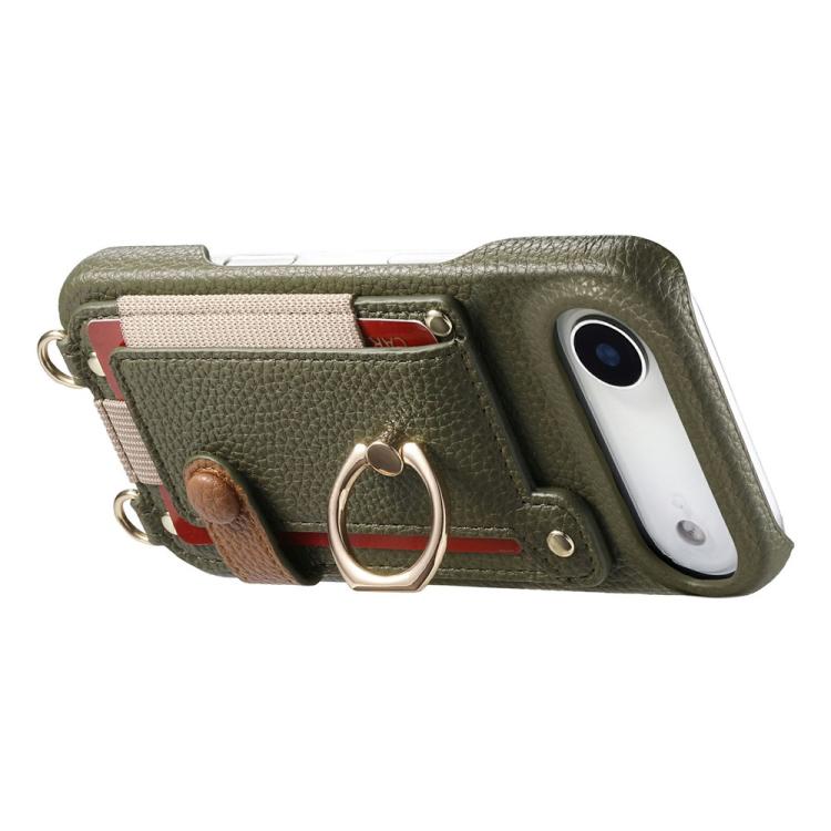 For iPhone Air Litchi Texture Card Bag Ring Holder Vegan Leather + PC Phone Case with Shoulder Strap