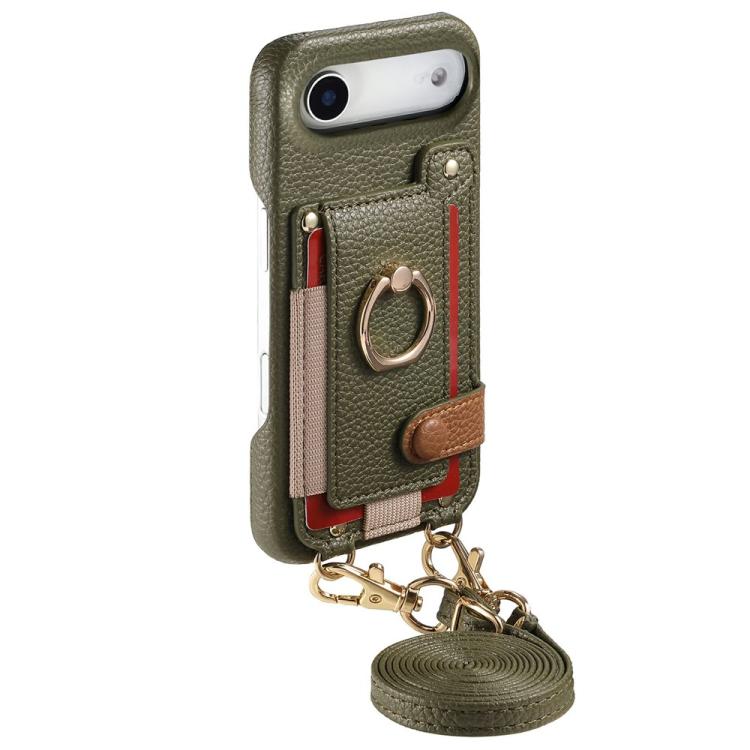 For iPhone Air Litchi Texture Card Bag Ring Holder Vegan Leather + PC Phone Case with Shoulder Strap