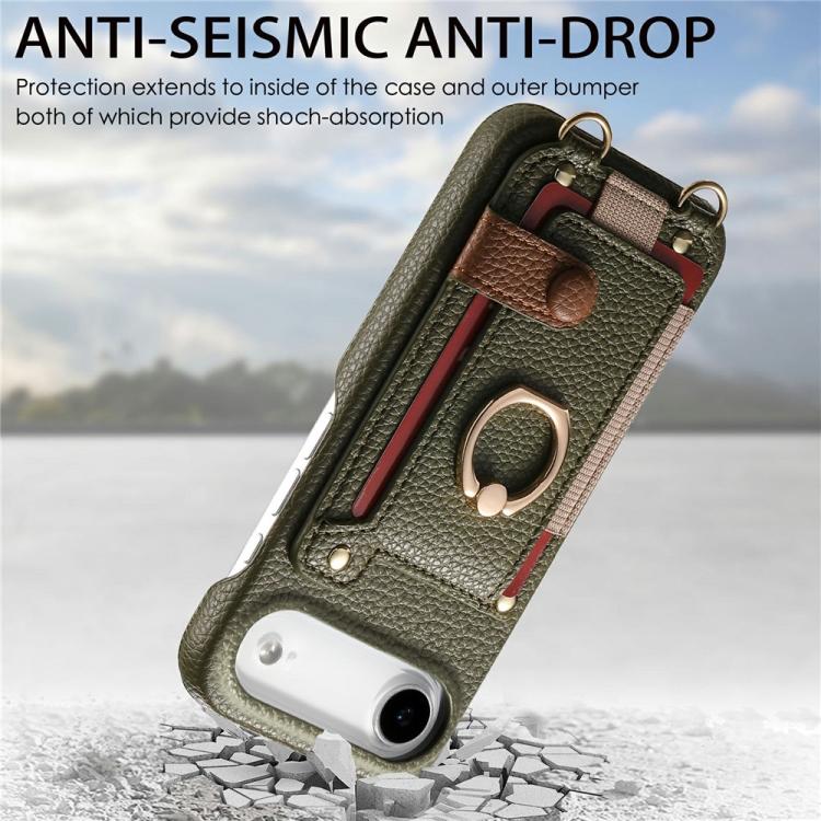 For iPhone Air Litchi Texture Card Bag Ring Holder Vegan Leather + PC Phone Case with Shoulder Strap