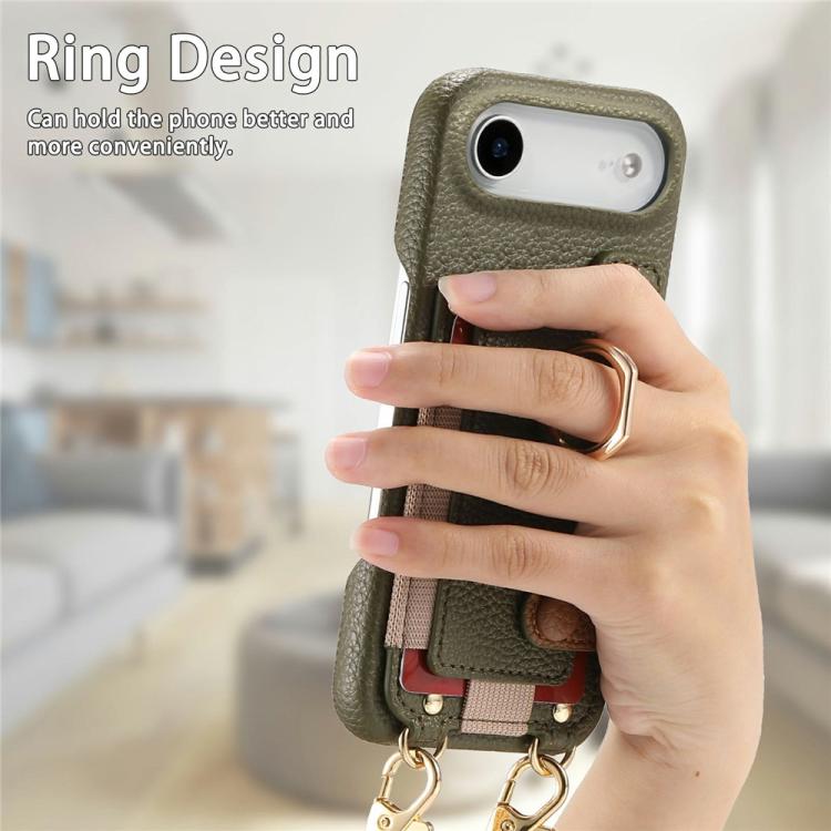 For iPhone Air Litchi Texture Card Bag Ring Holder Vegan Leather + PC Phone Case with Shoulder Strap