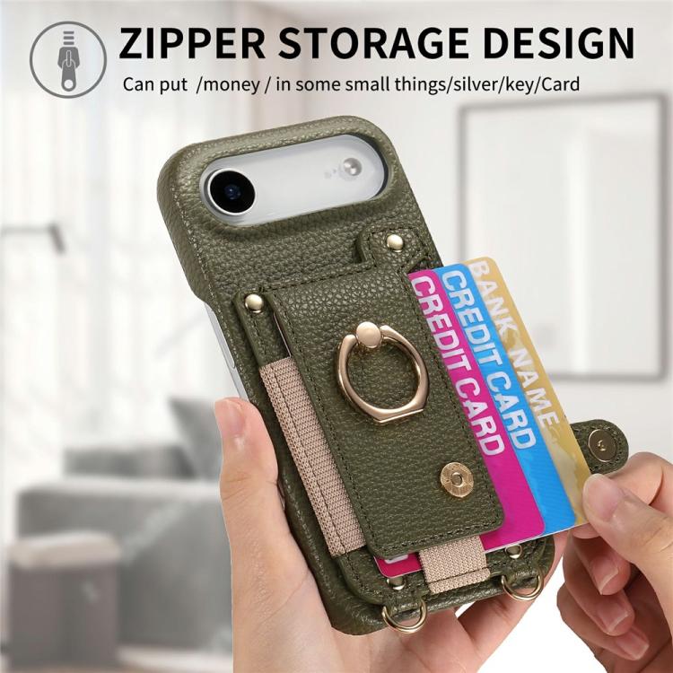 For iPhone Air Litchi Texture Card Bag Ring Holder Vegan Leather + PC Phone Case with Shoulder Strap