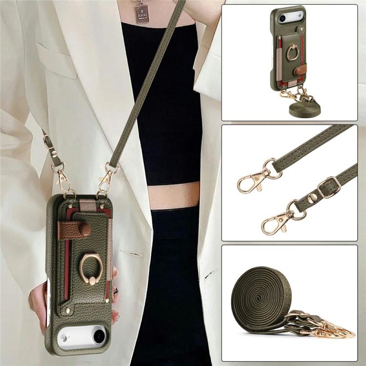 For iPhone Air Litchi Texture Card Bag Ring Holder Vegan Leather + PC Phone Case with Shoulder Strap
