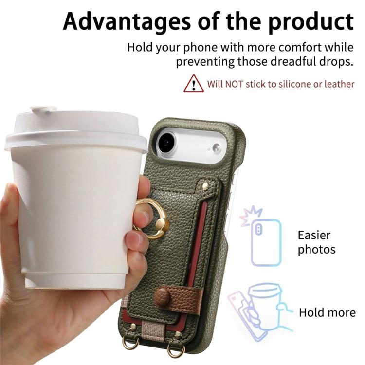 For iPhone Air Litchi Texture Card Bag Ring Holder Vegan Leather + PC Phone Case with Shoulder Strap