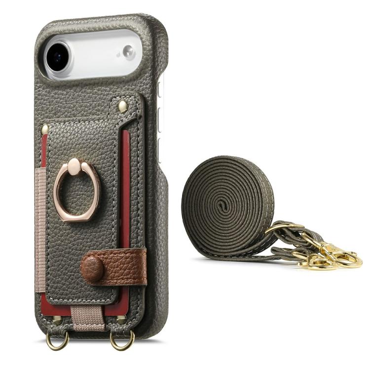For iPhone Air Litchi Texture Card Bag Ring Holder Vegan Leather + PC Phone Case with Shoulder Strap