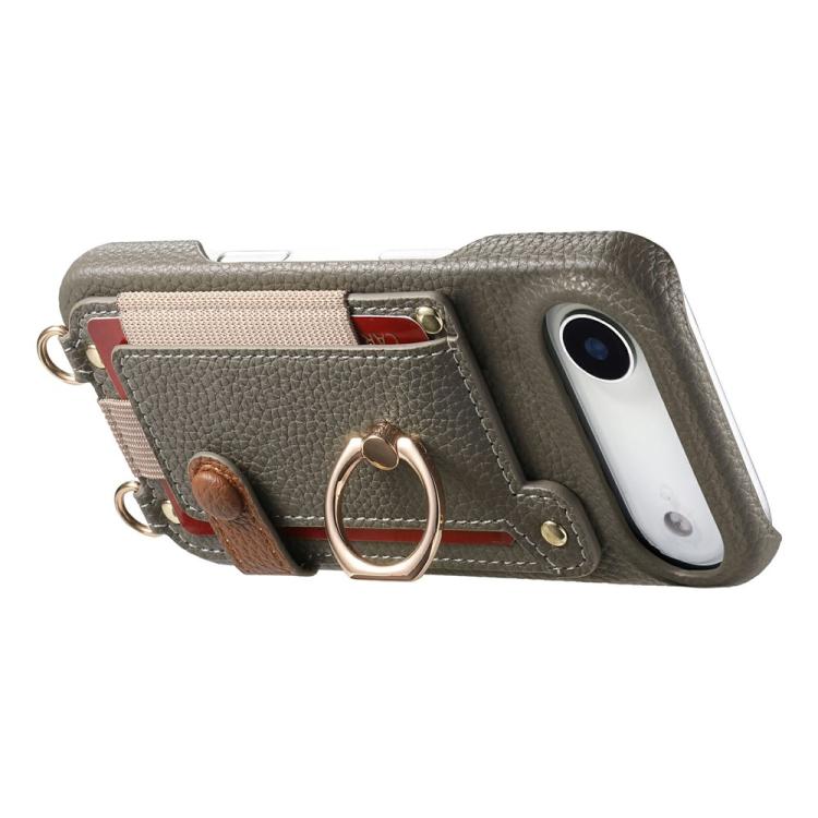 For iPhone Air Litchi Texture Card Bag Ring Holder Vegan Leather + PC Phone Case with Shoulder Strap