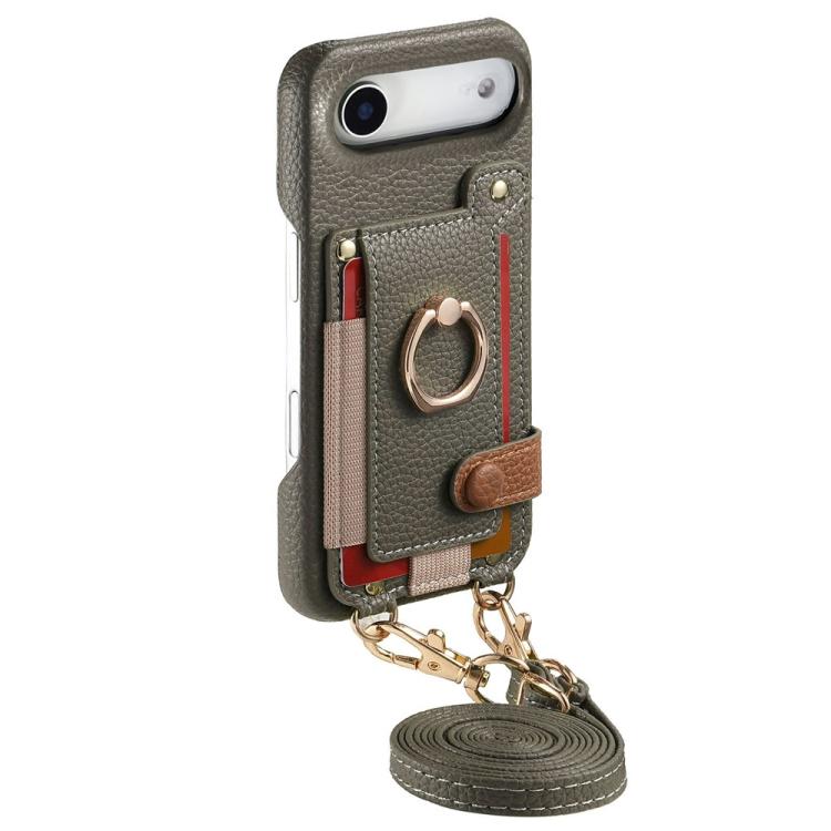 For iPhone Air Litchi Texture Card Bag Ring Holder Vegan Leather + PC Phone Case with Shoulder Strap