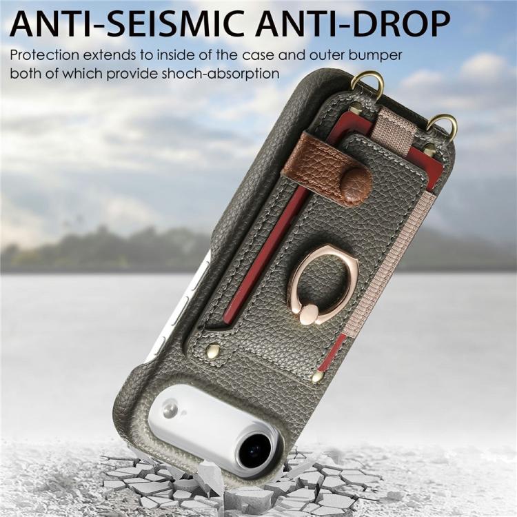 For iPhone Air Litchi Texture Card Bag Ring Holder Vegan Leather + PC Phone Case with Shoulder Strap