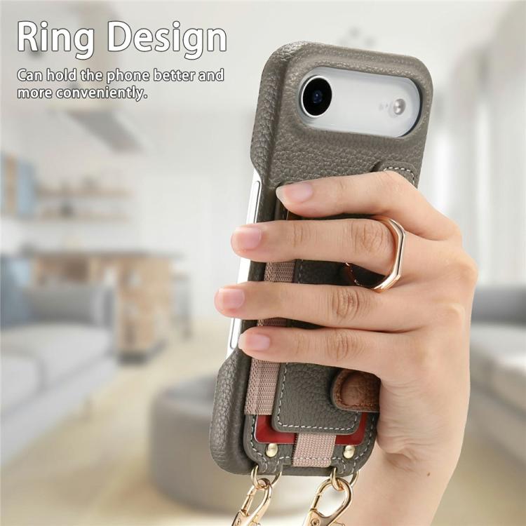 For iPhone Air Litchi Texture Card Bag Ring Holder Vegan Leather + PC Phone Case with Shoulder Strap