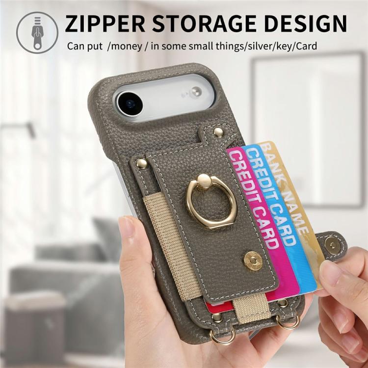For iPhone Air Litchi Texture Card Bag Ring Holder Vegan Leather + PC Phone Case with Shoulder Strap