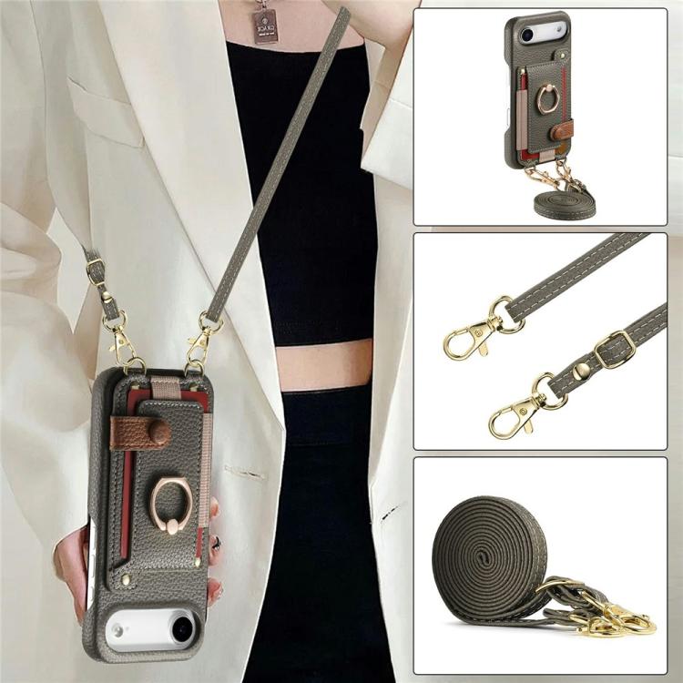 For iPhone Air Litchi Texture Card Bag Ring Holder Vegan Leather + PC Phone Case with Shoulder Strap