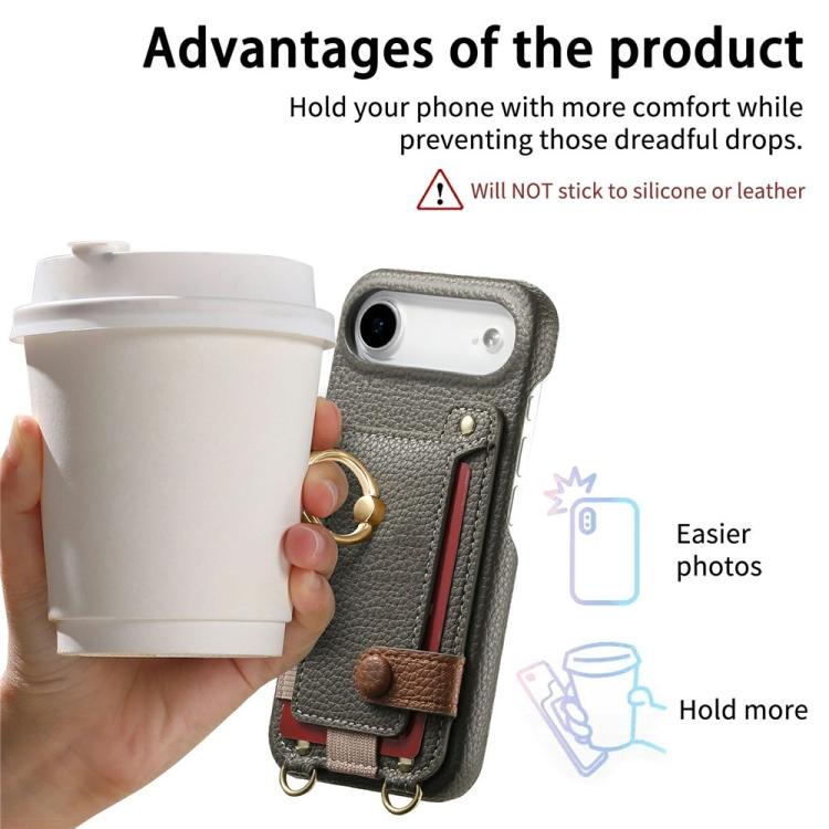 For iPhone Air Litchi Texture Card Bag Ring Holder Vegan Leather + PC Phone Case with Shoulder Strap