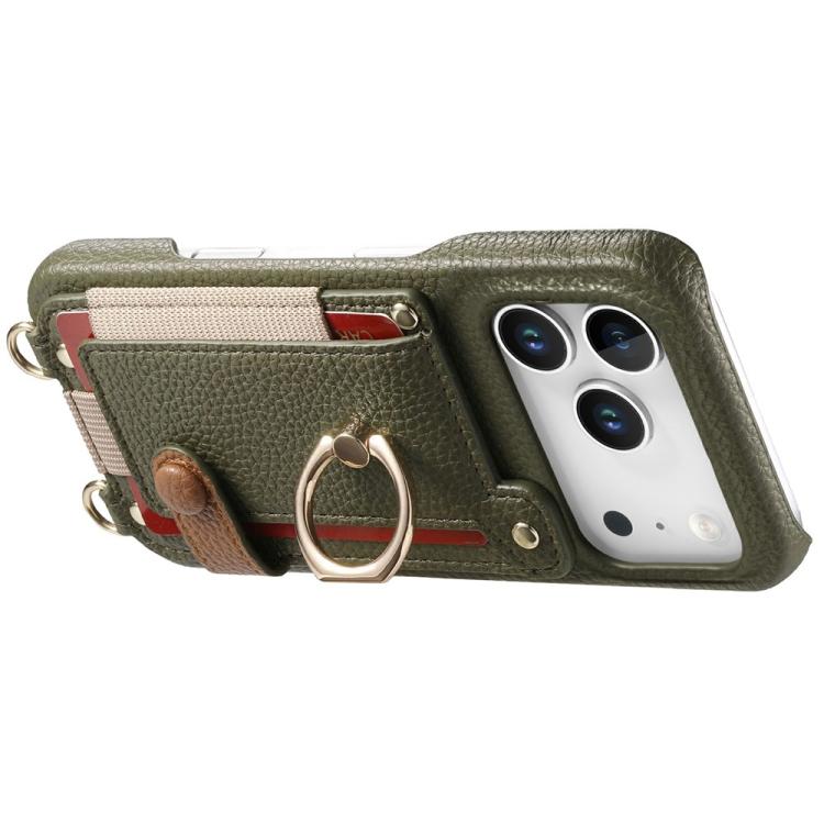 For iPhone 16 Pro Max Litchi Texture Card Bag Ring Holder Vegan Leather + PC Phone Case with Shoulder Strap