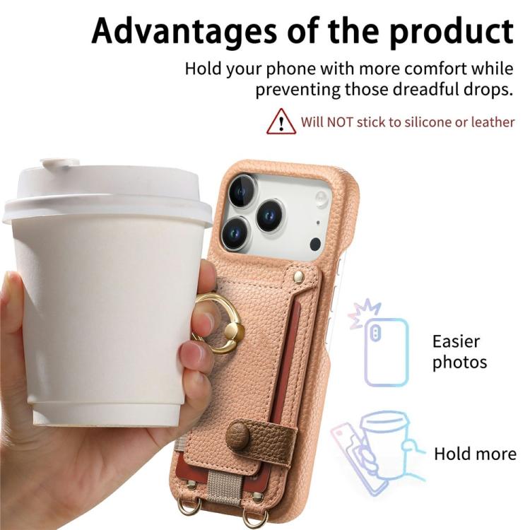 For iPhone 16 Pro Litchi Texture Card Bag Ring Holder Vegan Leather + PC Phone Case with Shoulder Strap