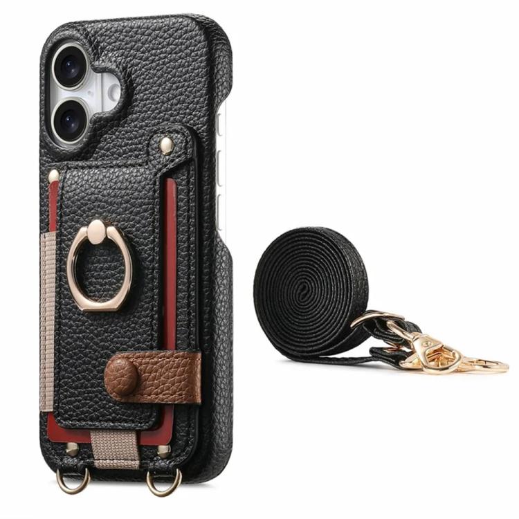 For iPhone 16 Litchi Texture Card Bag Ring Holder Vegan Leather + PC Phone Case with Shoulder Strap