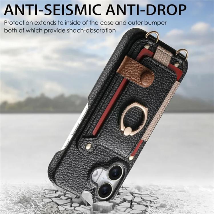 For iPhone 16 Litchi Texture Card Bag Ring Holder Vegan Leather + PC Phone Case with Shoulder Strap