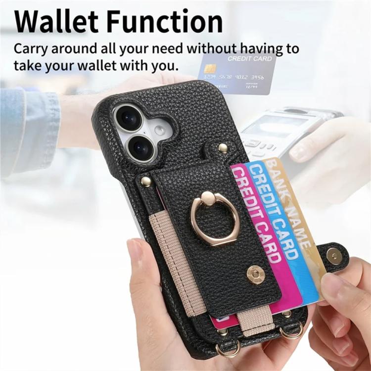 For iPhone 16 Litchi Texture Card Bag Ring Holder Vegan Leather + PC Phone Case with Shoulder Strap
