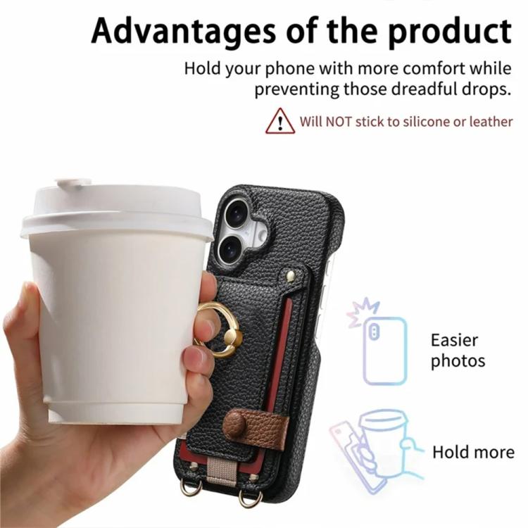 For iPhone 16 Litchi Texture Card Bag Ring Holder Vegan Leather + PC Phone Case with Shoulder Strap