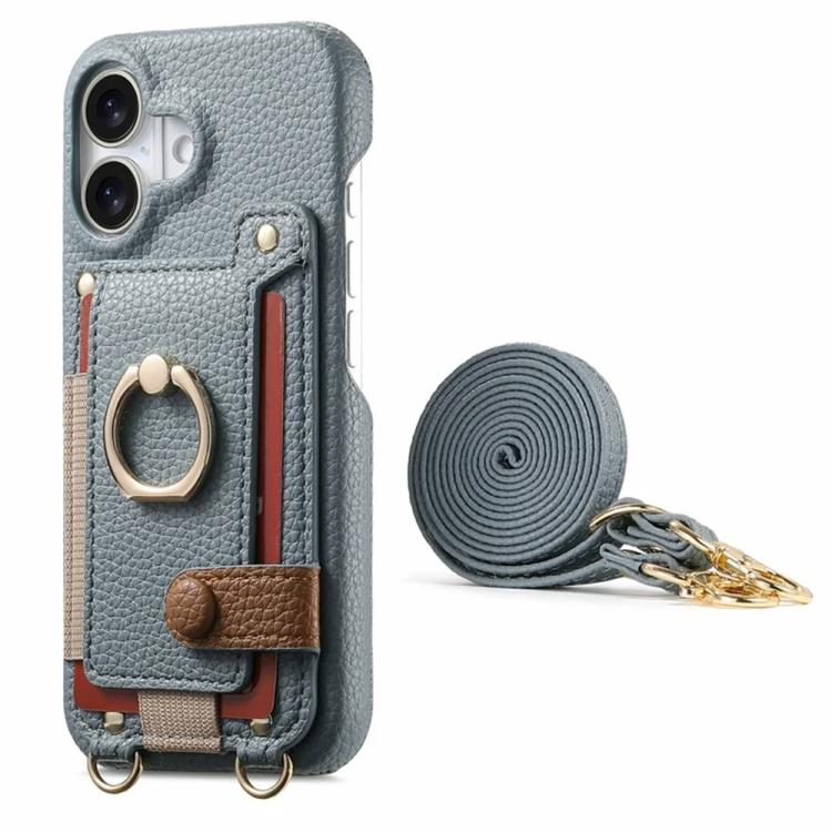 For iPhone 16 Litchi Texture Card Bag Ring Holder Vegan Leather + PC Phone Case with Shoulder Strap