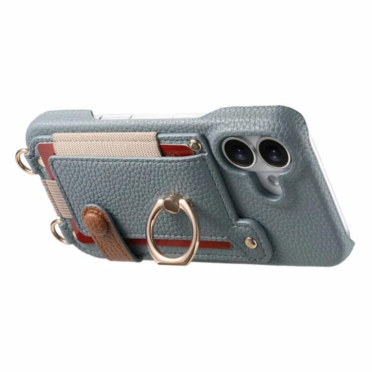 For iPhone 16 Litchi Texture Card Bag Ring Holder Vegan Leather + PC Phone Case with Shoulder Strap