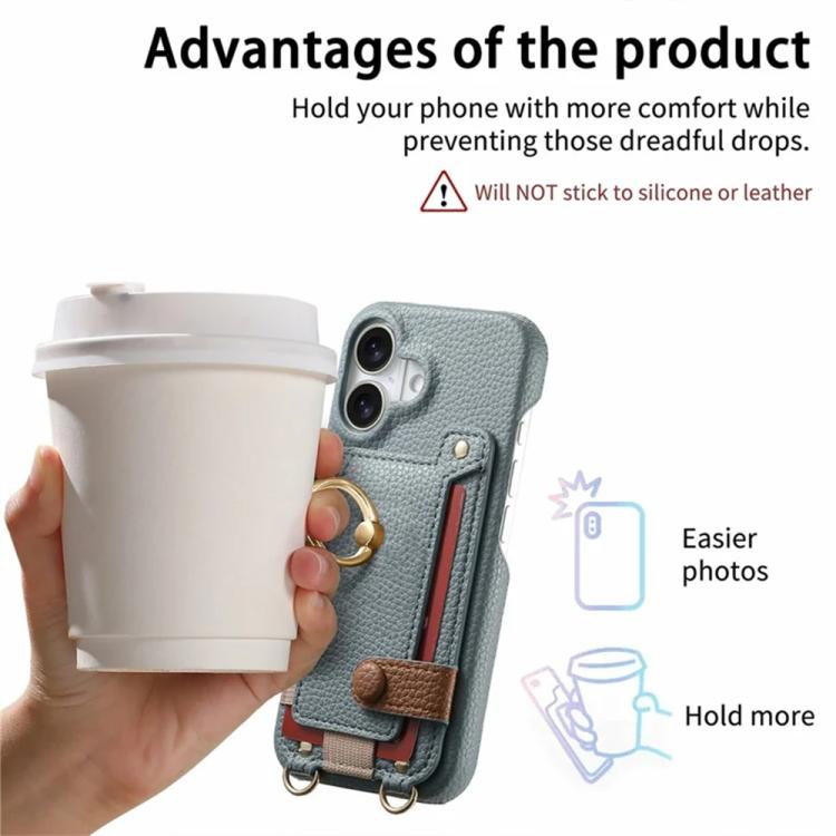 For iPhone 16 Litchi Texture Card Bag Ring Holder Vegan Leather + PC Phone Case with Shoulder Strap